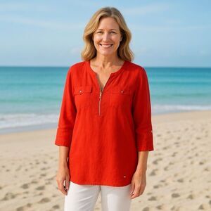 Red Linen Zip Front Utility Top Coastal Chic Lightweight Med